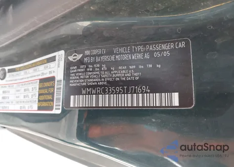 2005 Mini Cooper from USA, damaged, VIN WMWRC33595TJ71694